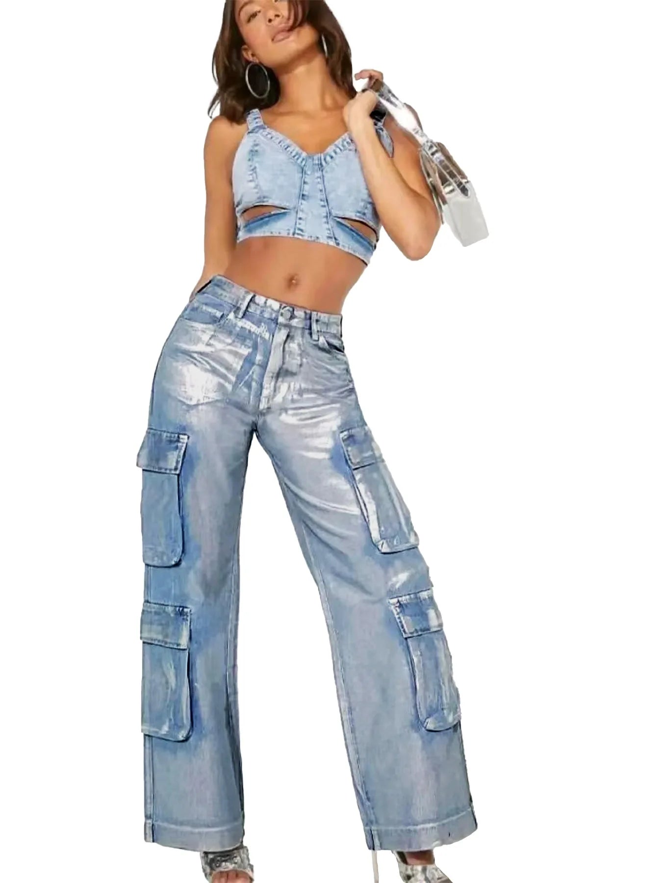 New Women's Fashion Denim Overalls Multi-Pocket Bronzing Comfortable Casual Summer Ladies Loose Denim Pants