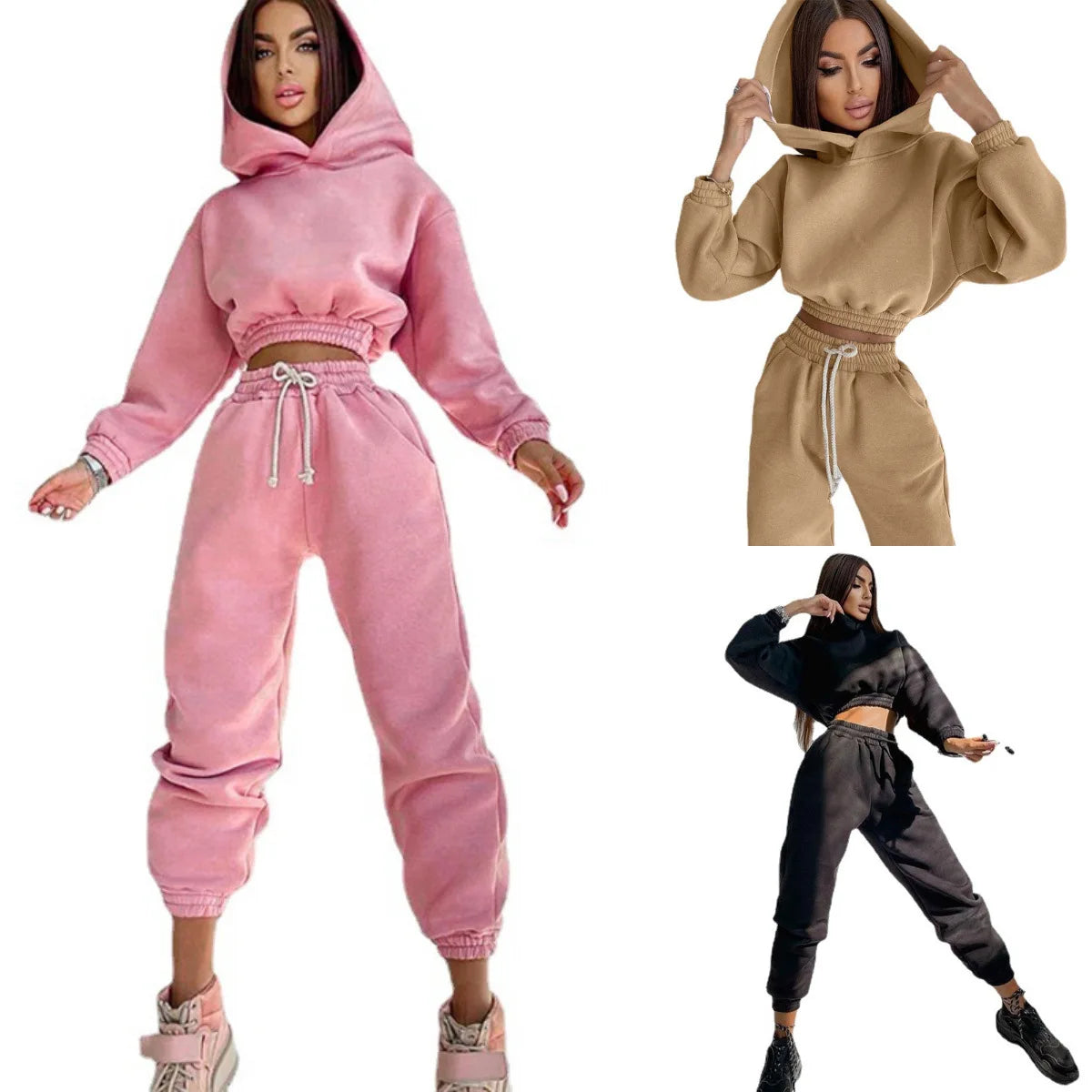 Fashion Women's Clothes Solid Color Casual Hooded Short Hoodie Girdling Drawstring Sweatpants Suit 2 Piece Sets Women Outfit