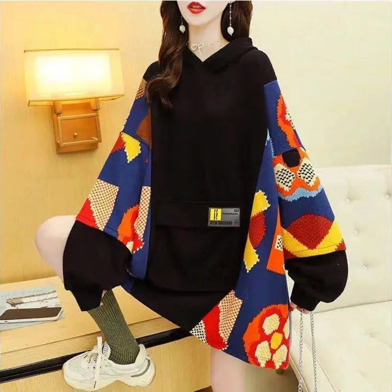 Spring Autumn Women's Sweatshirt Korean Loose Medium And Long Patchwork Print Hoodies Thin Long Sleeves Tops Female