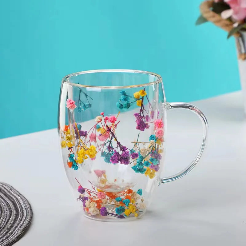 350ml Double Wall Coffee Mug With Handles Clear Milk Cups Gifts Glass Cup Fill Artificial Simulation Flowers Teacup - KIMLUD