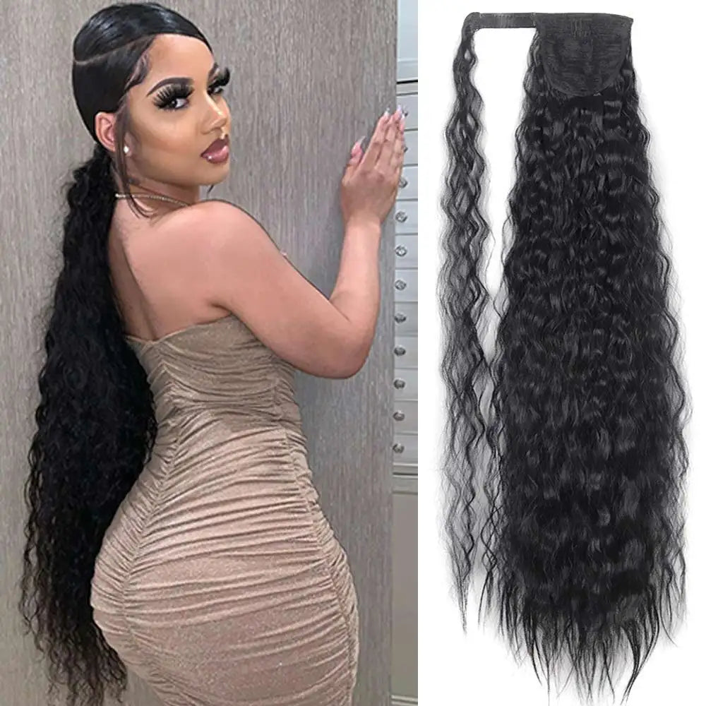 32 Inch Long Ponytail Hair Extension Corn Wavy Texture Synthetic Afro Kinky Curly Ponytail Women Hairpieces Wrap On Pony Tail