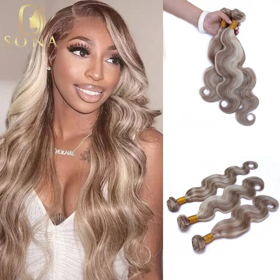 P8/613 Color Wavy Human Hair 4x4 Lace Closure Bundles Chocolate Brown and Honey Blonde Highlight 13x4 Transparent Lace Frontal