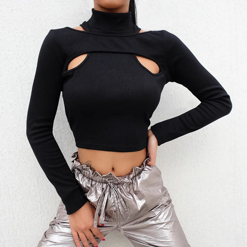 Long Sleeved Threaded Pullover Women Top T-shirt Sexy Top Autumn Spring Season Top Temperament Hollow Out Solid Half High Collar