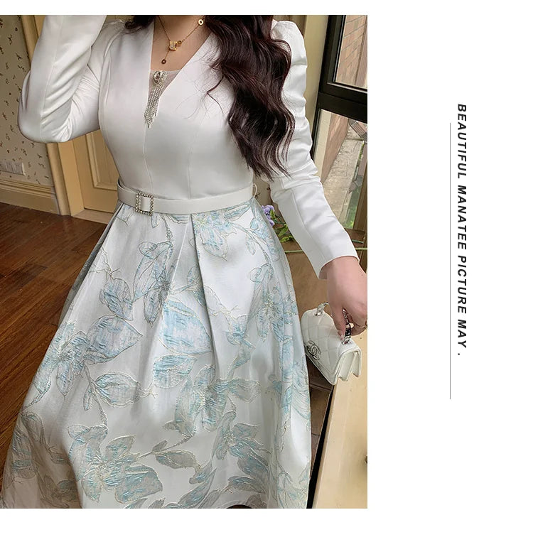 Luxury Big Size Jacquard Dress With Belt Occasion V-Neck Brocade Dress Women Long Sleeve Party Evening Clothing Ball Gown