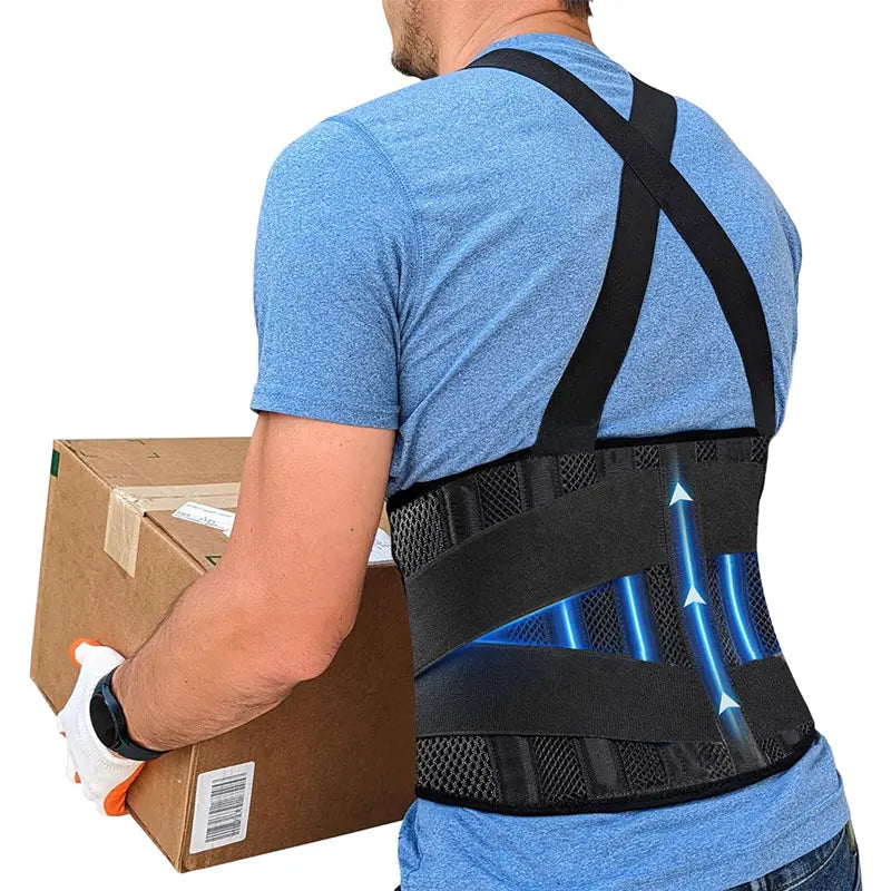 Work Back Brace Lower Back Pain Protection Belt Waist Trainer Lumbar Support Band with Shoulder Straps for Heavy Lifting Safety - KIMLUD