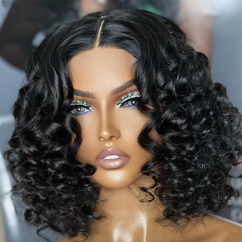 Short Bob Soft 180Density Deep Wave Curly Natural Black Color Lace Front Wig For Women With Baby Hair Glueless Preplucked Daily