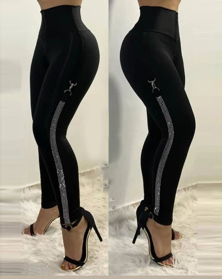 High Waist Skinny Pants Rhinestone Decor Europe and America Fashion Women's Clothing Plain Daily Office Lady Work Women Trousers