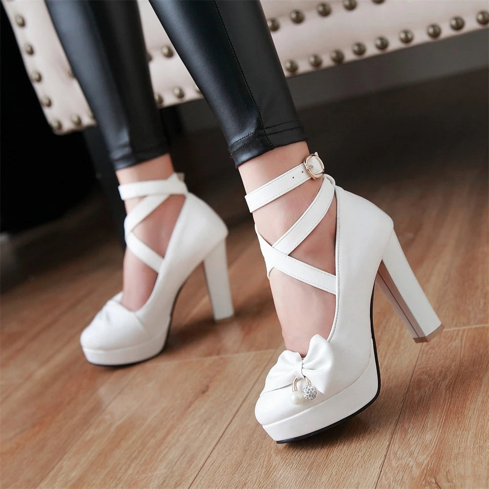 High Heels Women 2024 Trend Chunky Heels Platform Lolita Mary Jane Elegant Party Korean Shoes Dress White The Glossy Fashion