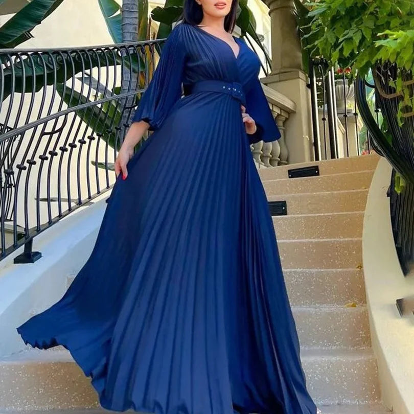 Luxury Pleated Dresses for Women V Neck Belt Waisted Flare Sleeve Floor Length Elegant Birthday Party Dinner Vestidos Mujer Robe