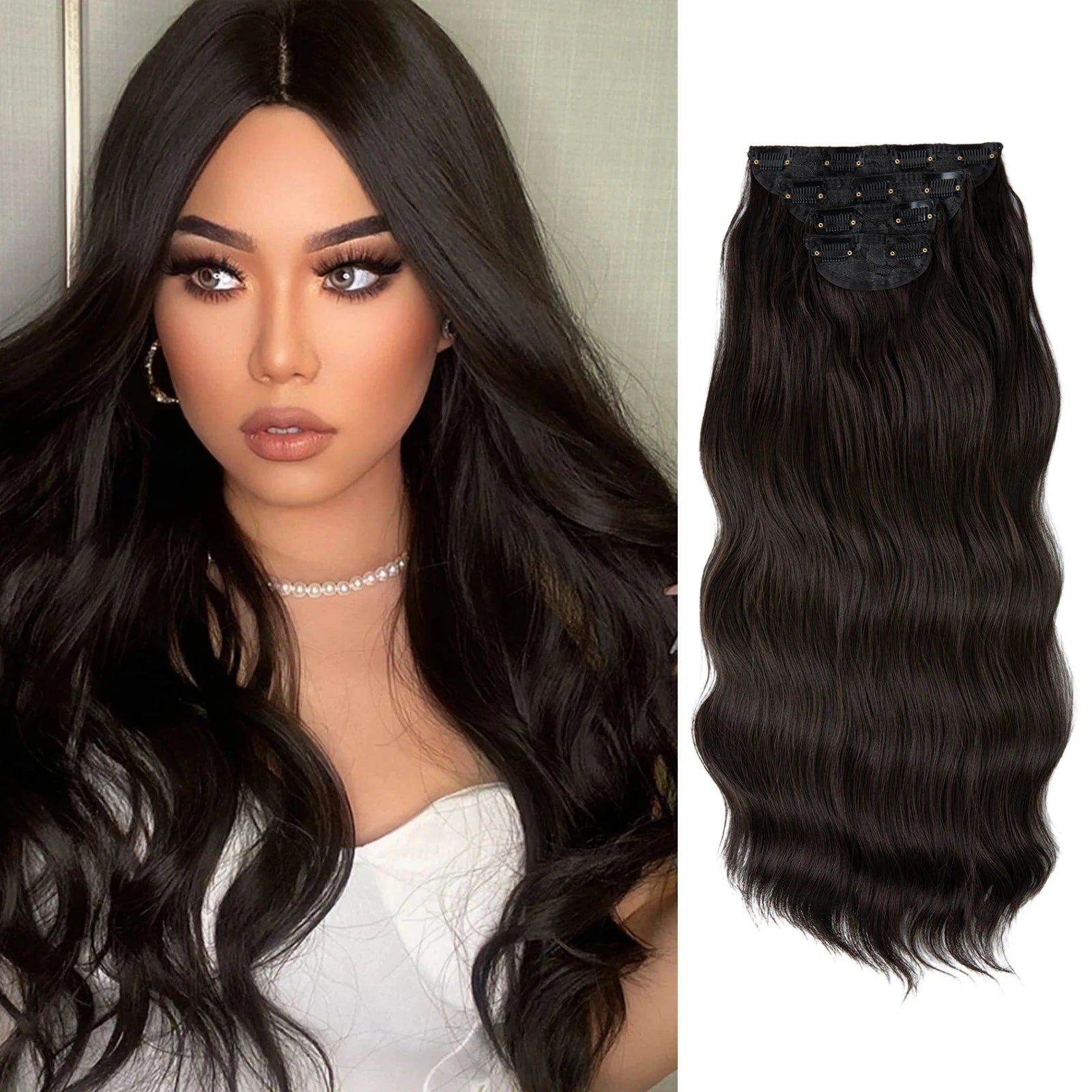 22" 4pcs/set Synthetic Clip In Hair Extensions Elegant Long Wavy Thick Hairpiece Daily Use Brown Blonde Natural Fake Hair