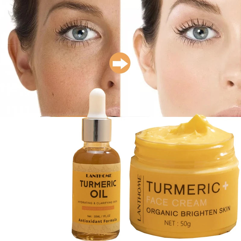 Turmeric Skin Care Set Shrink Pores Moisturizing Whitening Facial Oils Nourish Smooth Face Acne Brightening Cream For Age Spots - KIMLUD