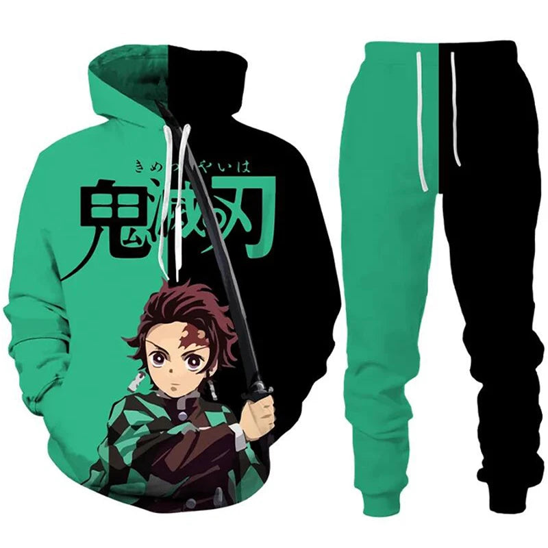 Anime Demon Slayer Hoodies 3D Printed Cosplay pants+Hoodie 2PCS Set Tracksuit Men Oversize Vintage Streetwear Hoodie Pants Sets