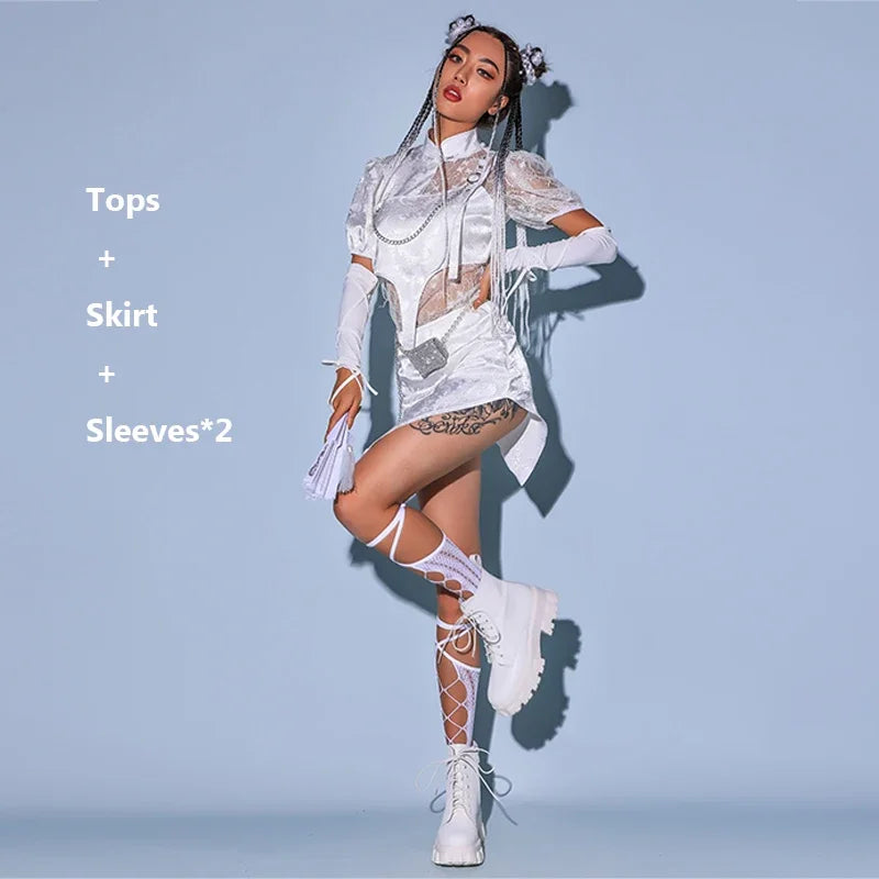 KIMLUD, 2023New Jazz Dance Costume Women Sexy White Lace Gogo Dancer Outfit Hip Hop Clothes Korean Singer Stage Costume Dj Ds Rave Wear, Style 1 / 170cm-175cm, KIMLUD APPAREL - Womens Clothes