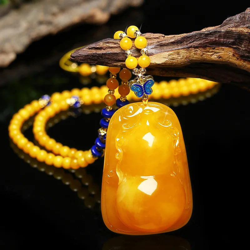 Drainage Gift Beeswax Pendant Women's Water Drop with Shape Sweater Chain Blue Carving Amber Necklace Pendant