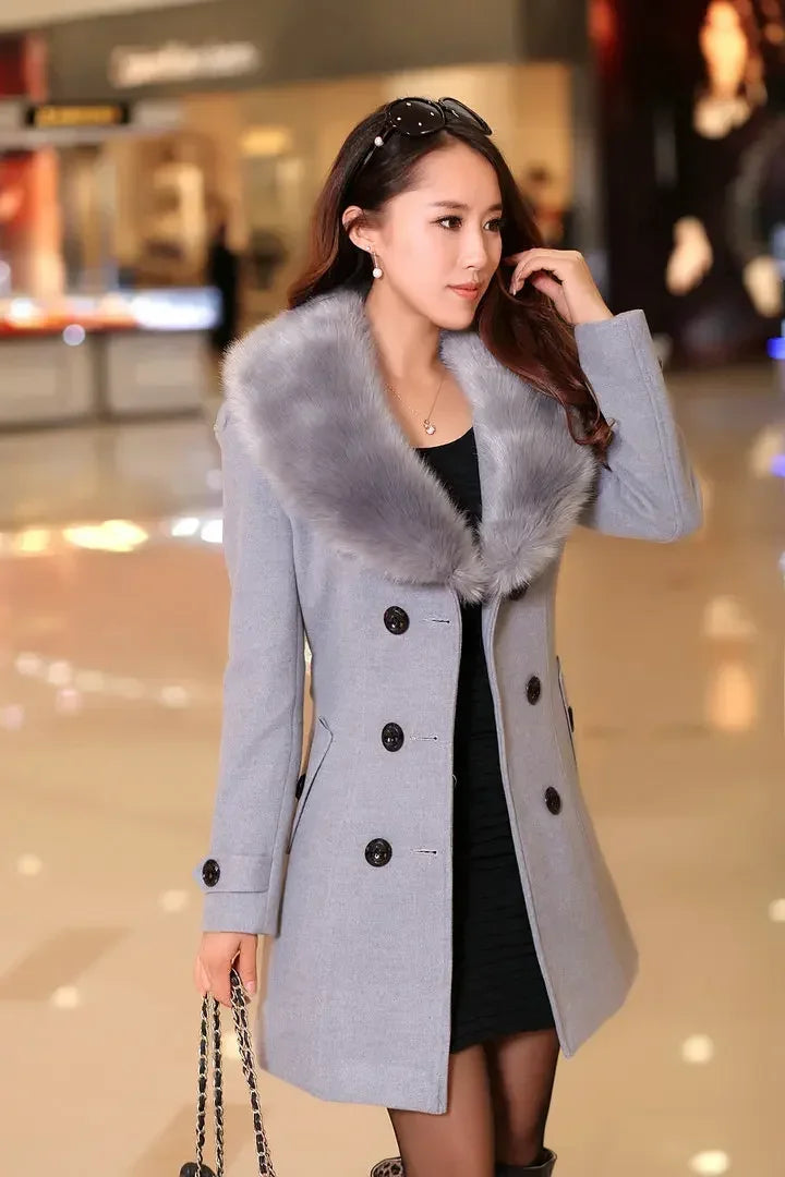 Mid Length Wool Coats Women Fur Collar Splice Blends Korean Full Sleeve Double Breasted Lace Up Belt Thick Warm Winter Jackets