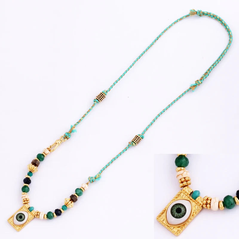 New Style Multi Color Braided Rope Star Moon Heart Hand Eye Charm Necklace,Unique Mix Stone 18K Gold Cotton Cord Jewelry Finding