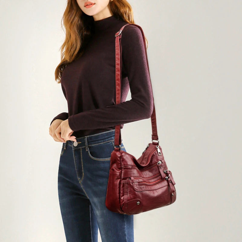 Women's Multi Zipper Shoulder Bag, Versatile Solid Color Faux Leather Crossbody Bag