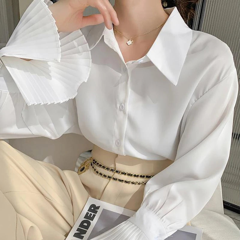 Jmprs Designed Women Flare Sleeve Women Shirts Office Ladies White Korean Fashion Fall Tops Elegant Button Up Female Shirt