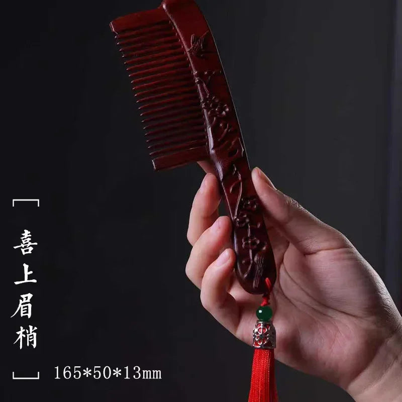 Natural Rhinoceros Horn Small Leaf Red Sandalwood Carved Wood Comb Retro Style Massage Comb Gifts with comb