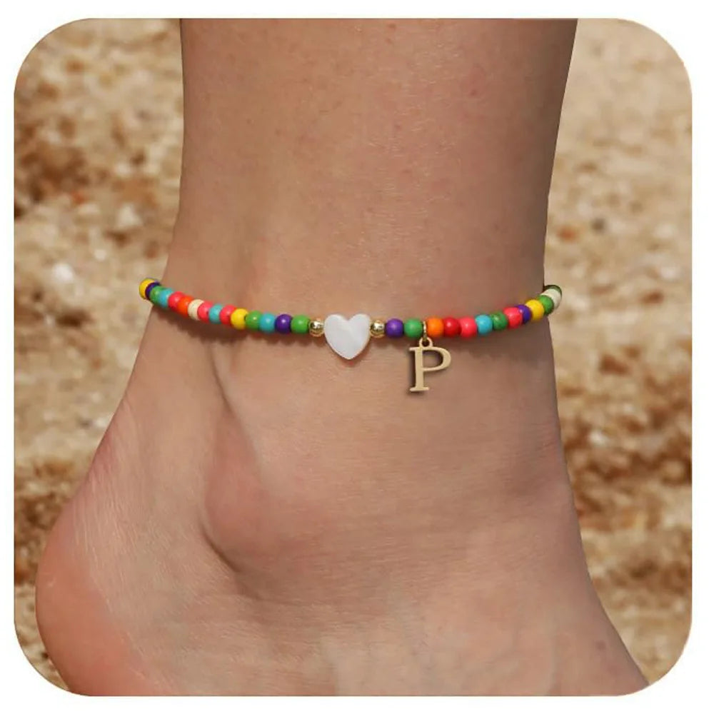 KIMLUD, Rainbow Round Beads Anklet Stainless Steel Love Heart 26 Letters A-Z Pendant Anklets For Women Boho Gold Color Ankle Bracelet, P, KIMLUD APPAREL - Womens Clothes