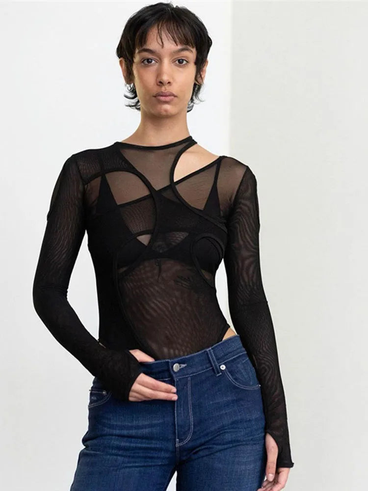 Summer Solid Color Bodysuit See-Through Sexy Hollow Design Women Top Jumpsuits Slim Fit For High Street Clubwear Female