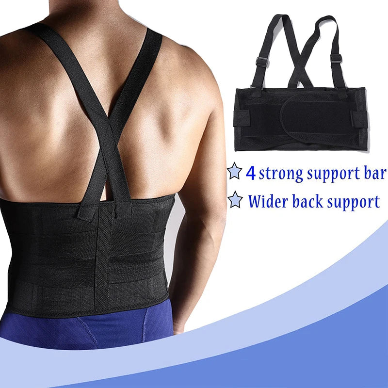 Work Back Brace Lower Back Pain Protection Belt Waist Trainer Lumbar Support Band with Shoulder Straps for Heavy Lifting Safety - KIMLUD