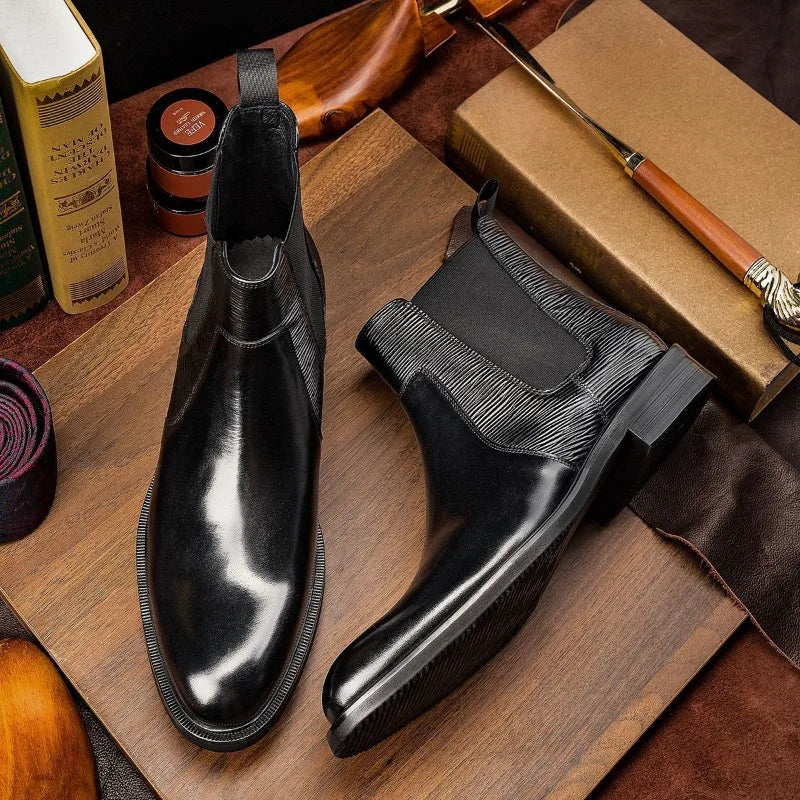 New British Business Casual Genuine Leather Fashion Chelsea Ankle Boots Men High Top Dress Work Slip on Outdoor Motorcycle Boots