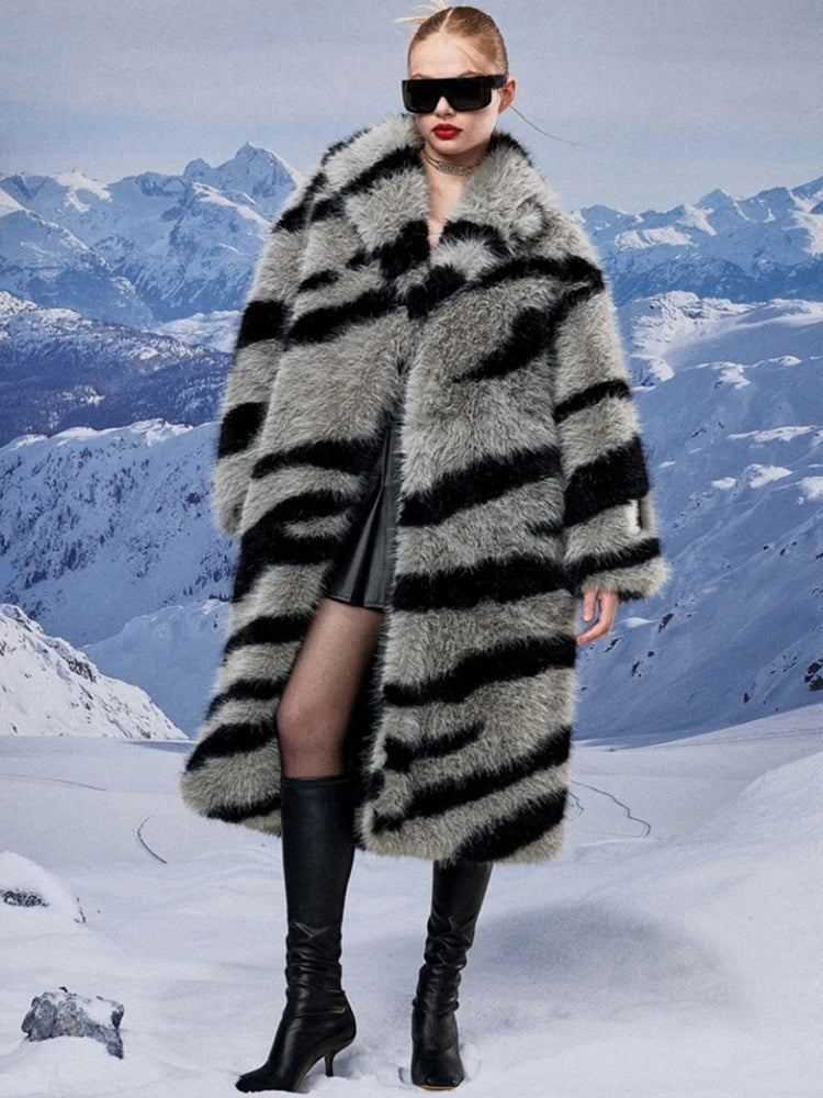 KIMLUD, 2024 Winter Vintage Thick Warm Long Faux Fur Coat Women Zebra-stripe Printed Fluffy Jacket Fur Coat Large Size Luxury Overcoat, KIMLUD Womens Clothes