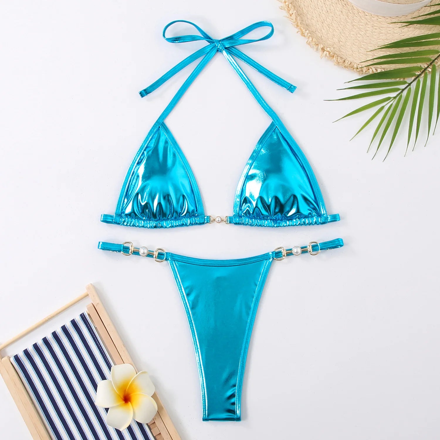 Sexy Micro Bikini 2024 Women Swimwear Metallic Halter Triangle Bikinis Sets Thong Swimsuit Female Bathing Suit Brazilian Biquini