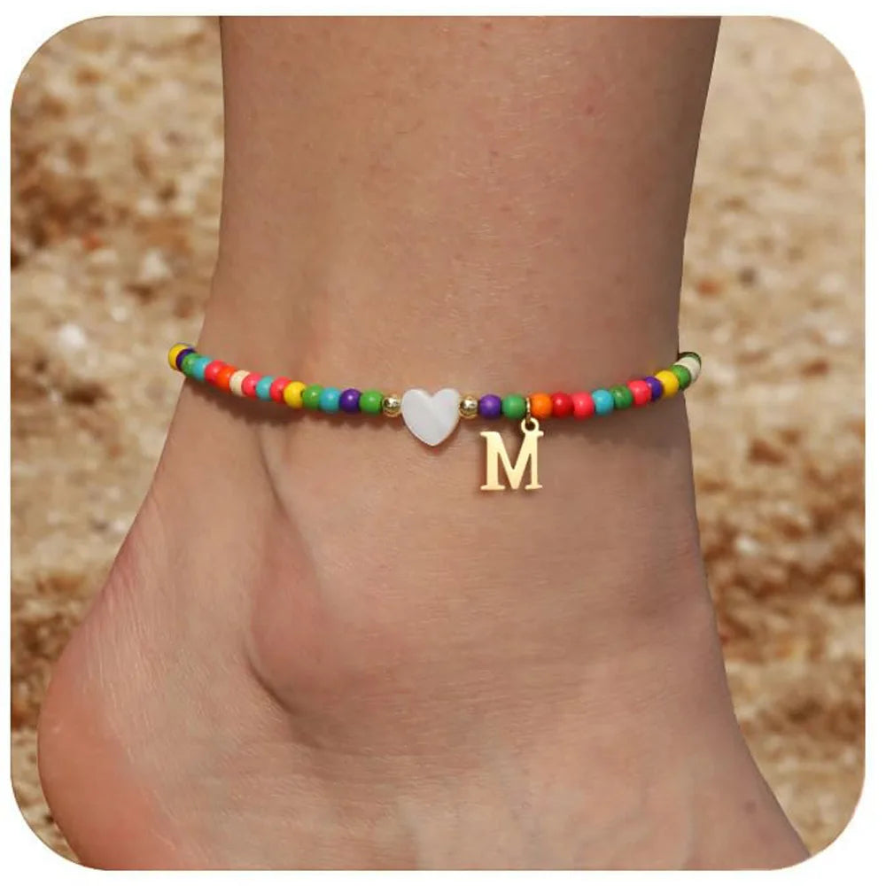 KIMLUD, Rainbow Round Beads Anklet Stainless Steel Love Heart 26 Letters A-Z Pendant Anklets For Women Boho Gold Color Ankle Bracelet, M, KIMLUD APPAREL - Womens Clothes