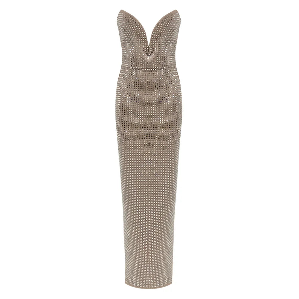 Women Sexy Strapless Backless Crystal Diamonds Beige Split Maxi Long Bodycon Gowns Dress 2024 Elegant Evening Club Party Outfit - KIMLUD