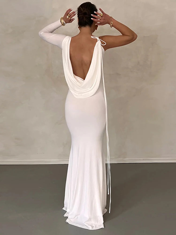 Dulzura Lace Up Long Sleeve One Shoulder Maxi Dress For Women Bodycon Party Elegant Outfits Birthday Evening 2023 Summer