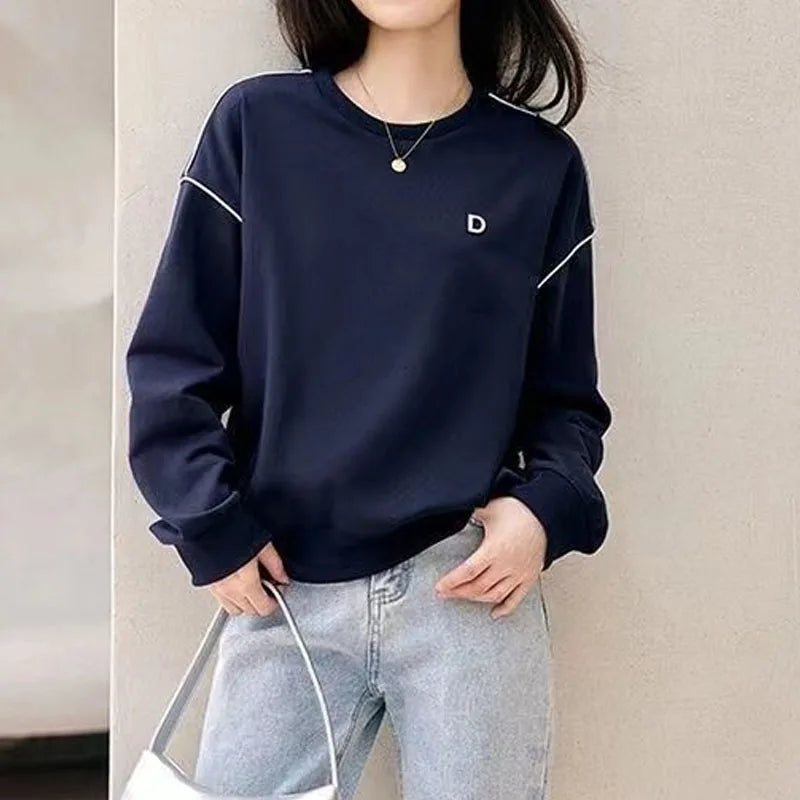 KIMLUD, New Autumn Fashion Trend Patchwork Round Neck Loose and Versatile Casual Age Reducing Commuting Women's Long Sleeved Sweater, Navy Blue / 3XL(80-90)kg, KIMLUD APPAREL - Womens Clothes