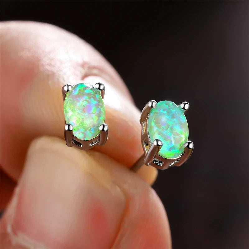 KIMLUD, Silver Color Cute Oval Green Opal Stone Stud Earrings for Women Dainty Classic 4 Claws Natural Fire Opal Stone Students Earrings, KIMLUD Womens Clothes