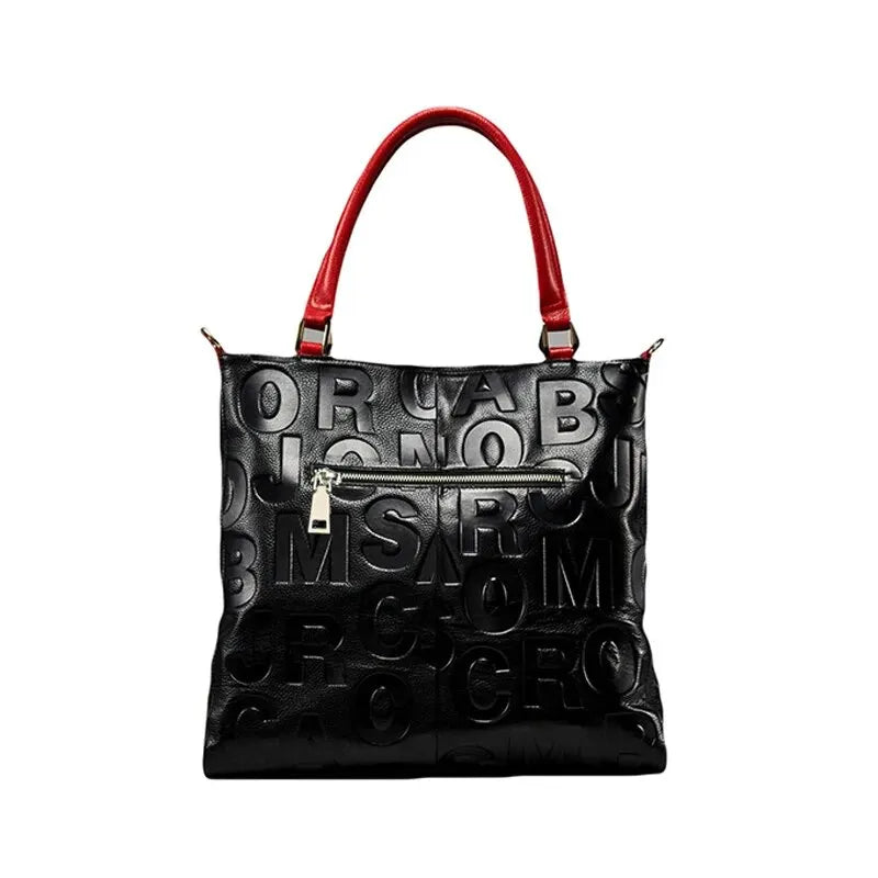 Aidrani Trendy WOMEN'S Large Capacity Letter Embossed Tote Bag Made of Soft Cowhide Material Single Shoulder Underarm Bag