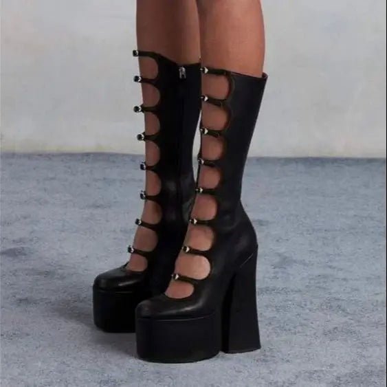 Platform Patent Leather Gothic Summer Boots 2024 New Round Toe Buckle Sexy Girl Boots Plus Size Fashion Women Thick High Heels