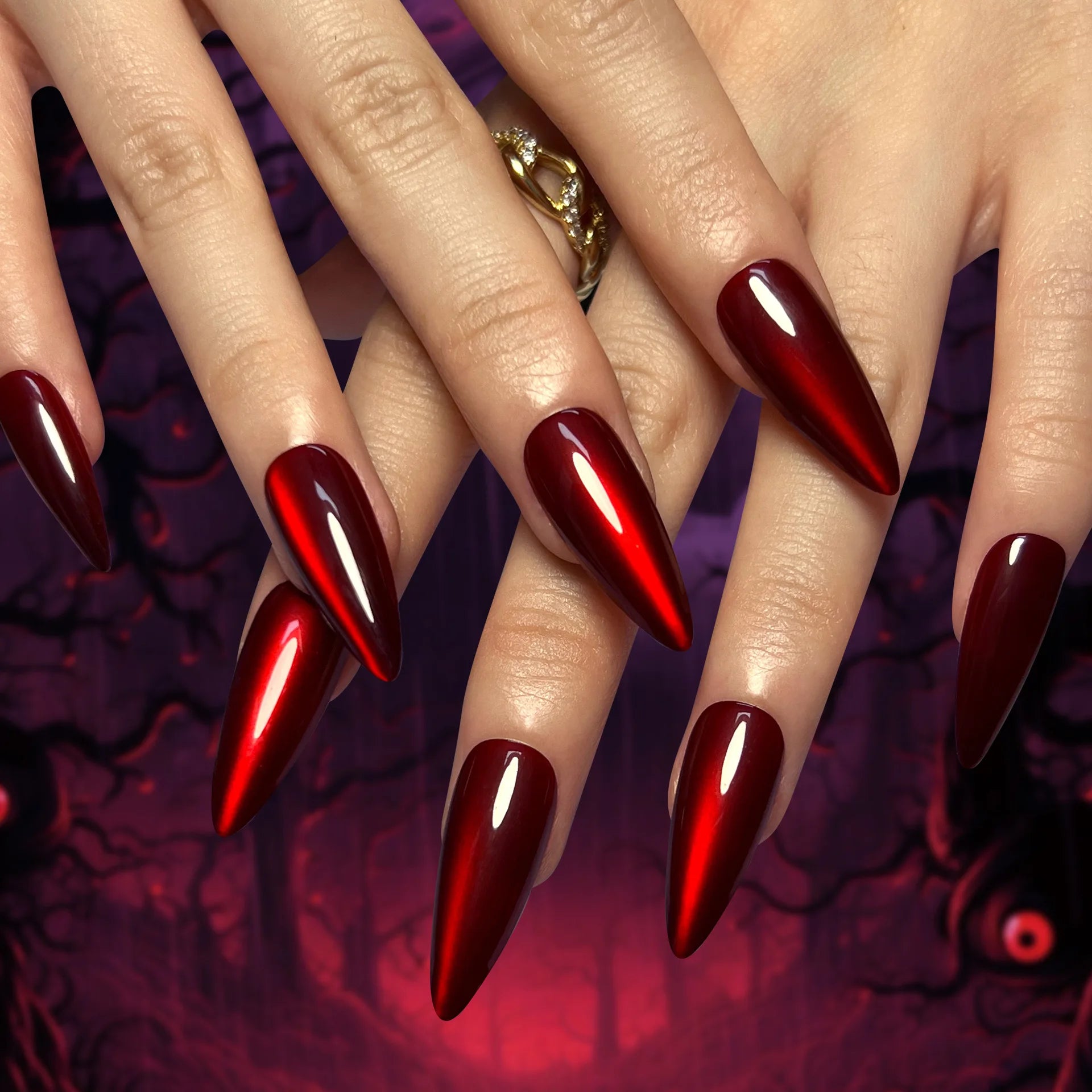 KIMLUD, Sparkling Red Cat Eye Solid Color Fake Nail Halloween Fashion Detachable Finished False Nails Press on Nails with Glue Wholesale, MT2435JP3411, KIMLUD APPAREL - Womens Clothes