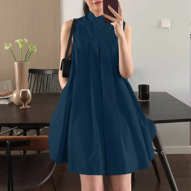 ZANZEA Elegant Sleeveless A-line Vestidos 2024 New Chinese Dress Women Pleating Party Dress Vintage Fashion Mandarin Collar Robe