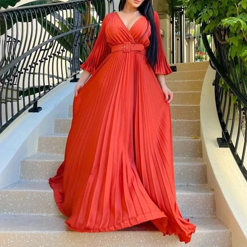 Luxury Pleated Dresses for Women V Neck Belt Waisted Flare Sleeve Floor Length Elegant Birthday Party Dinner Vestidos Mujer Robe