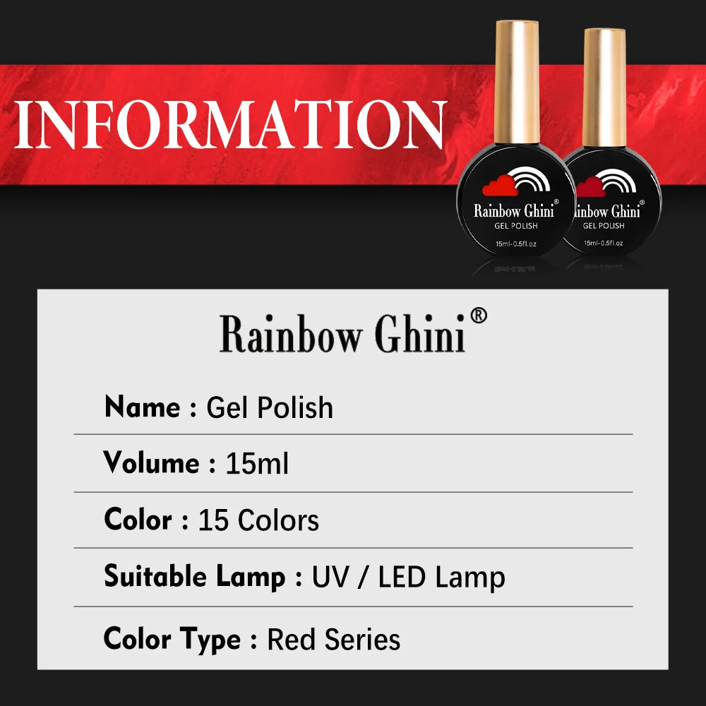 Rainbow Ghini 15ml Glitter Dark Red Gel Nail Polish Semi-Permanent Varnish UV Pale Red Nail Gel Art Supplies for Professionals