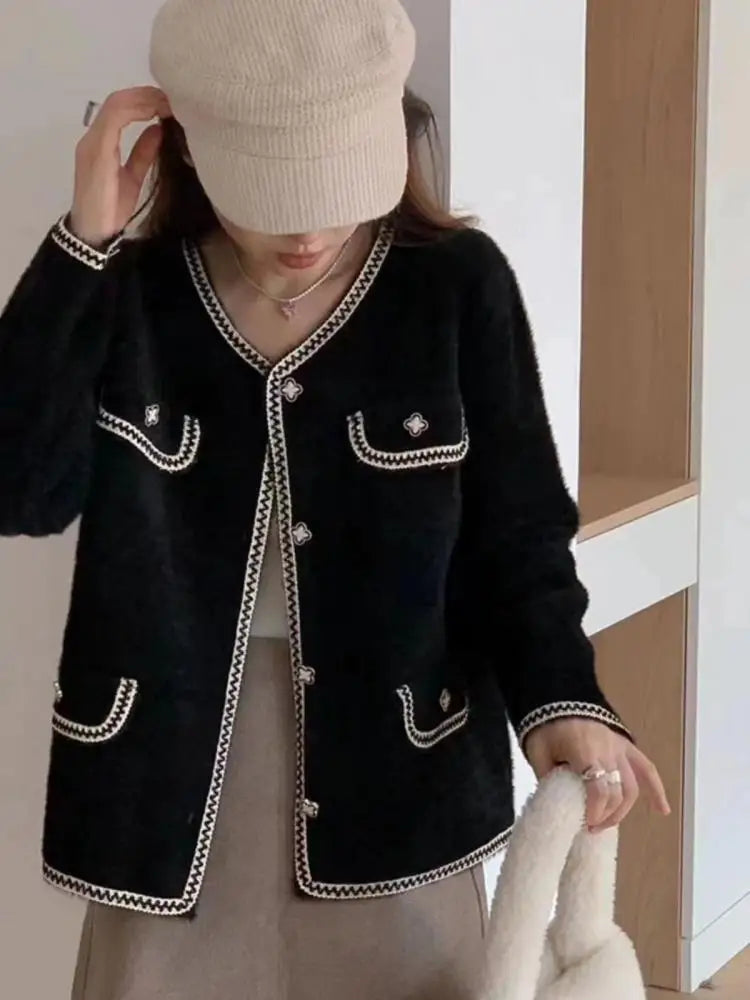 Vintage New Black White Patchwork Women's Single Breasted Cardigan Sweater Autumn Winter Elegant Long Sleeve Knit Soft Tops Chic