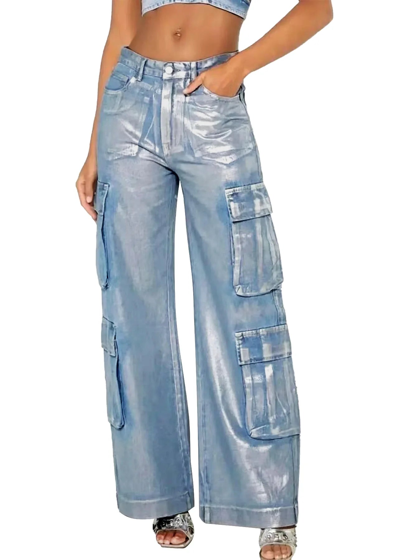 New Women's Fashion Denim Overalls Multi-Pocket Bronzing Comfortable Casual Summer Ladies Loose Denim Pants