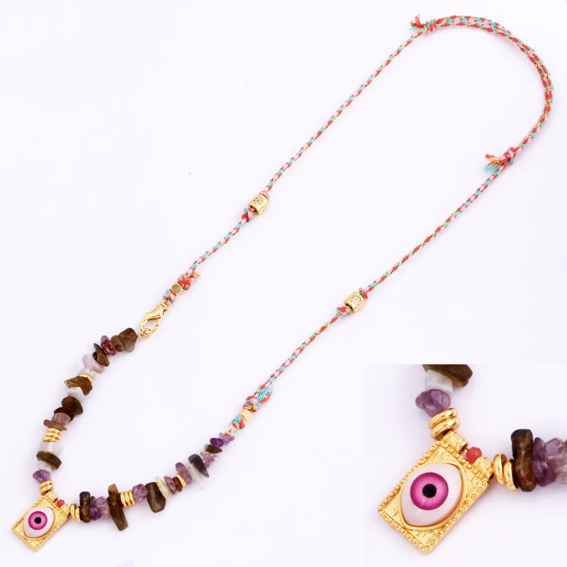 New Style Multi Color Braided Rope Star Moon Heart Hand Eye Charm Necklace,Unique Mix Stone 18K Gold Cotton Cord Jewelry Finding