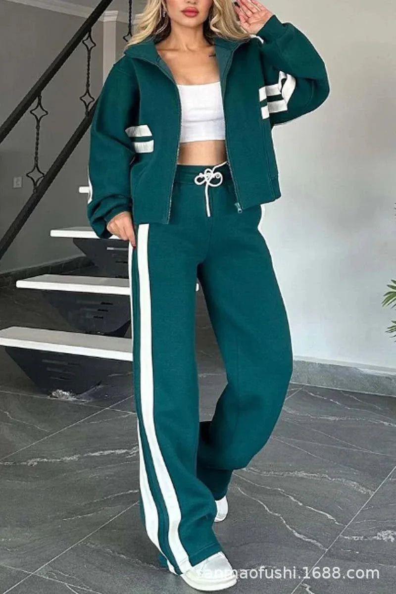 Two Piece Set Women Fashion Striped Splicing Lapel Zipper Coat High Waist Pants Outfit Autumn Winter Long Sleeve Suit Tracksuit