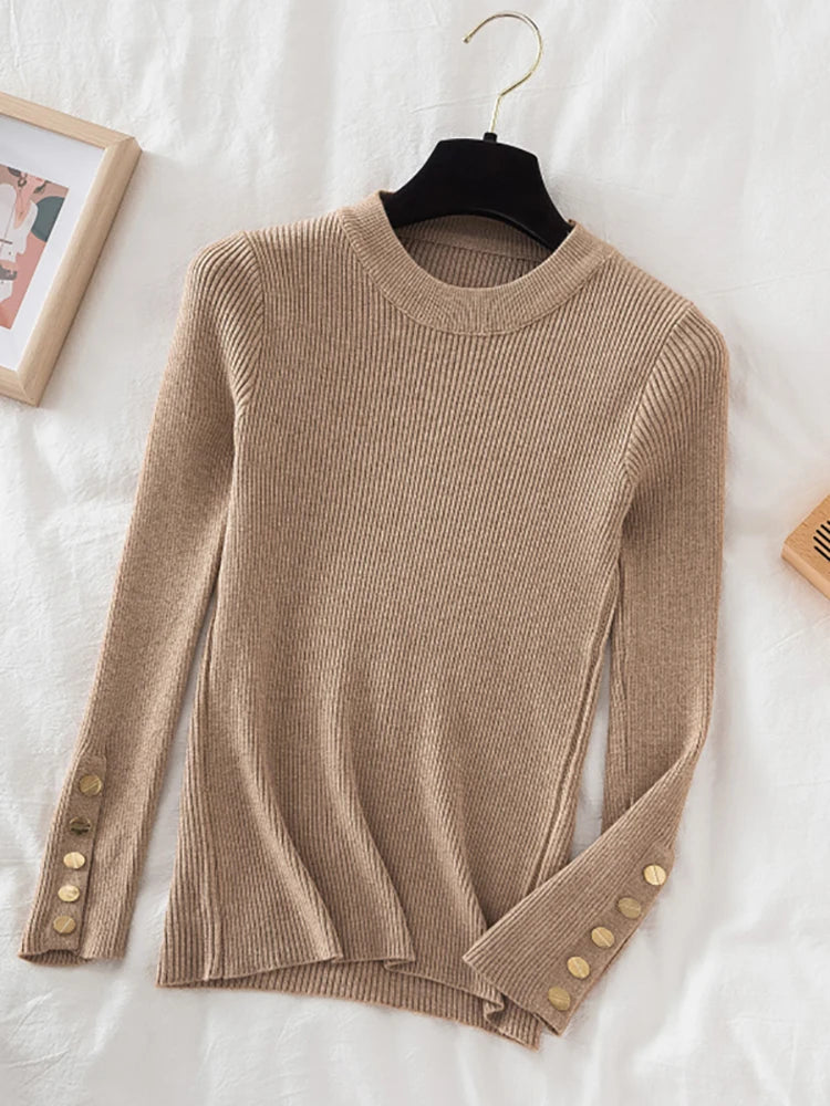 KIMLUD, 2024 women thick sweater pullovers khaki casual autumn winter button o-neck chic sweater female slim knit top soft jumper tops, KIMLUD Womens Clothes