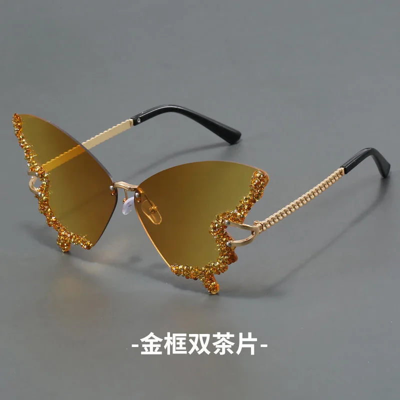 KIMLUD, New butterfly shape diamond rimless fashion sunglasses personality exaggerated cool tide men and women models sunglasses, 7 / Gold, KIMLUD APPAREL - Womens Clothes