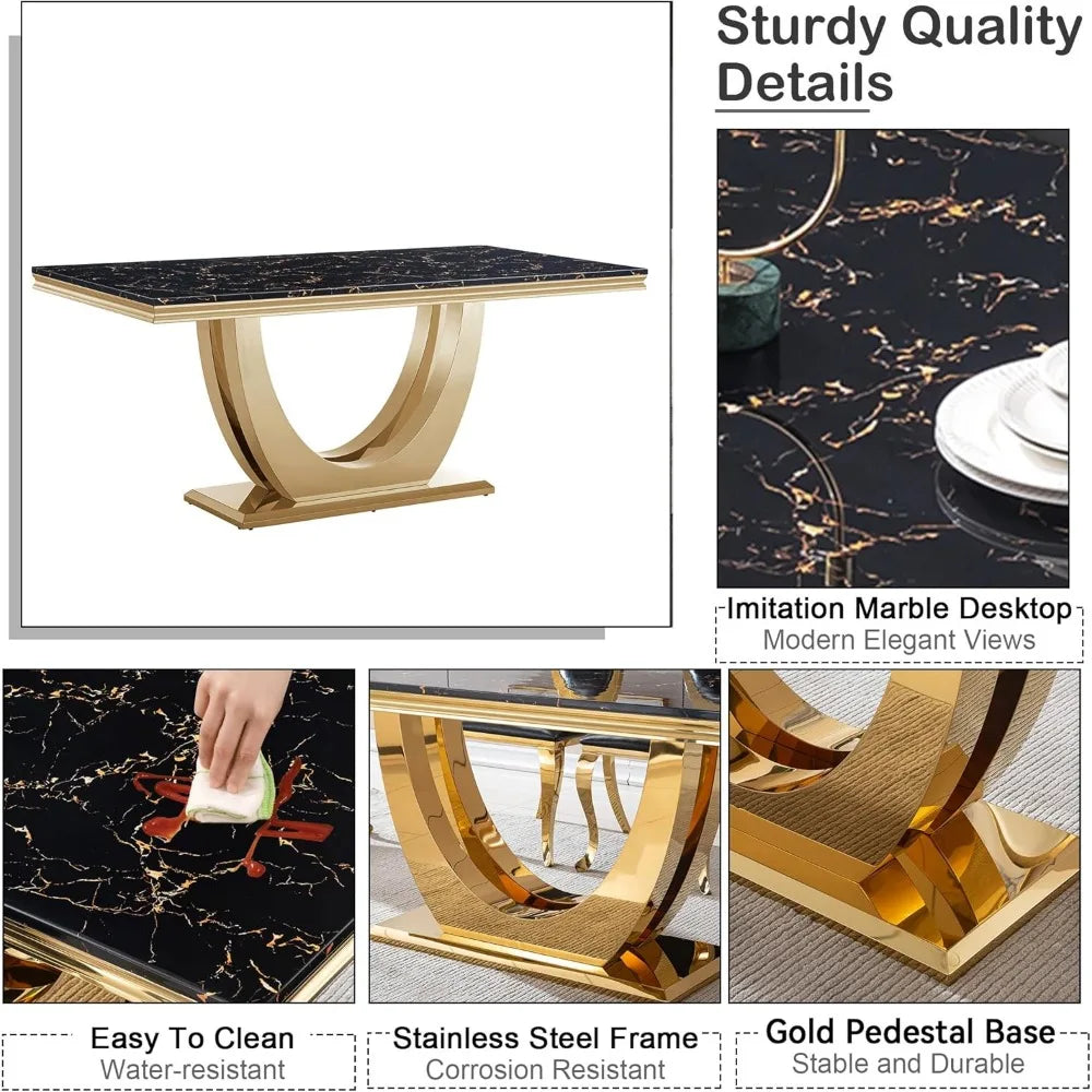 Modern Marble Dining Table, Luxurious Kitchen Table, Equipped with A Golden Geometric U-shaped Stainless Steel Base