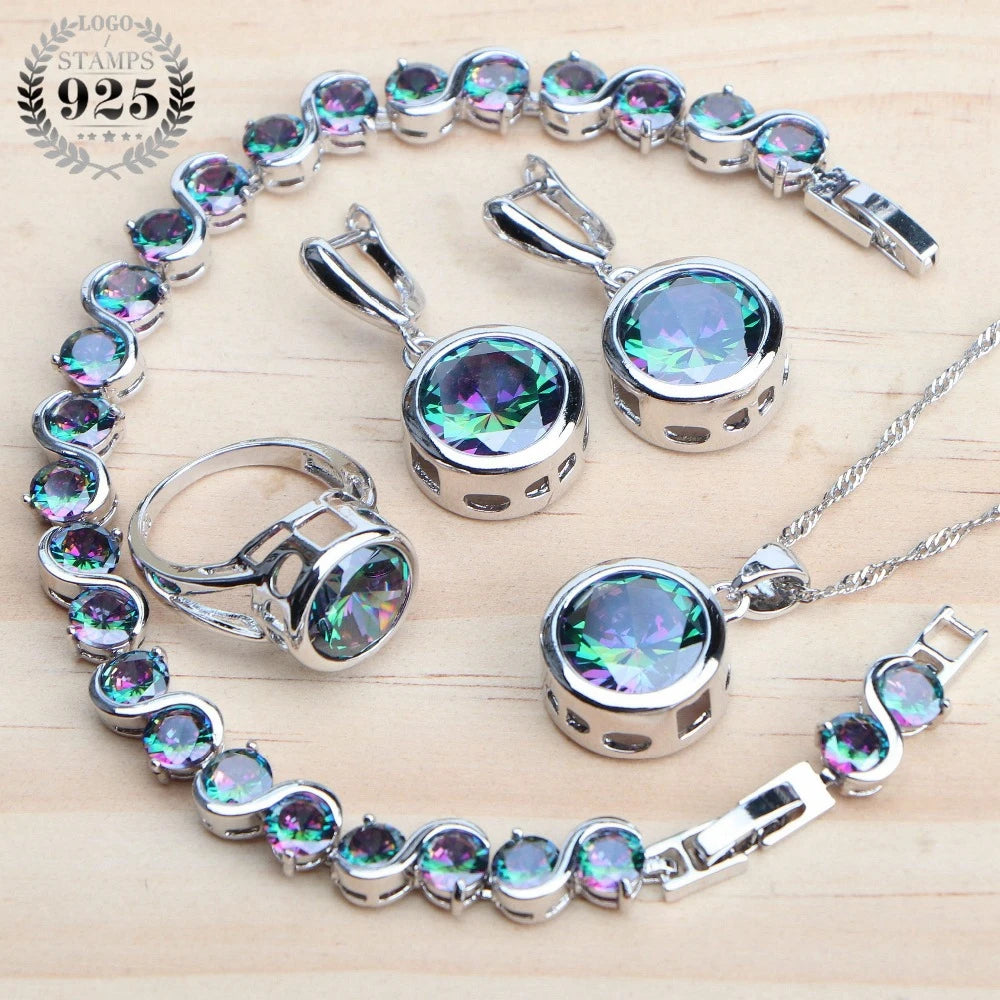 925 Sterling Silver Jewelry Sets Bridal Women Natural Magic Rainbow Zircon Earrings Ring Bracelets Pendant Wedding Necklace Set