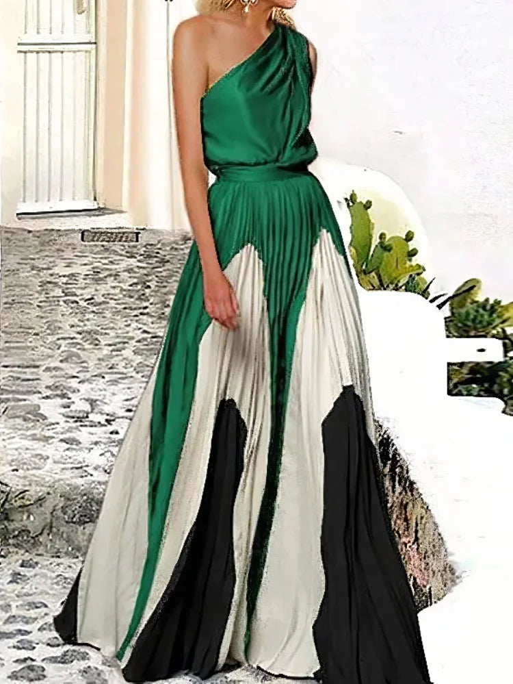 Uoozee Women Fashion Printed Elegant Party Evening Dresses 2024 New Summer Sleeveless One-Shoulder Pleated A-Line Long Dress - KIMLUD