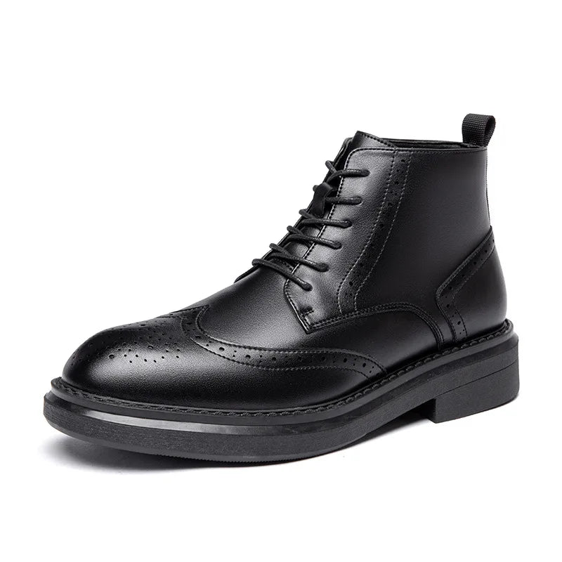 men casual business wedding genuine leather boots black brown carved brogue shoes cowboy autumn winter boot platform ankle botas